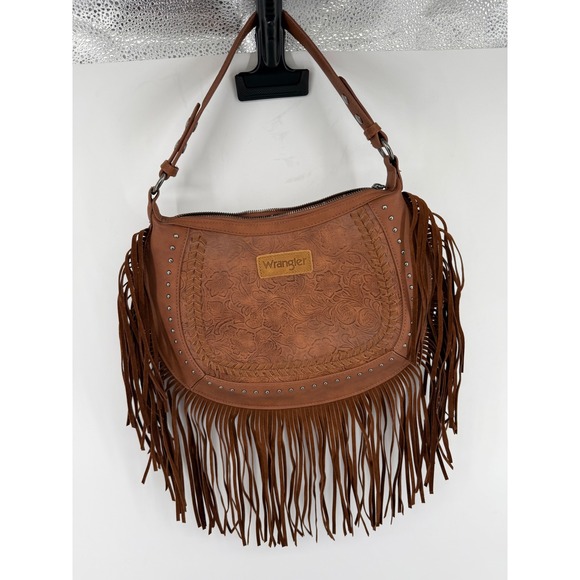 Wrangler Handbags - Wrangler Brown Tooled Vegan Leather Fringe Hobo Bag Western Crossbody Purse